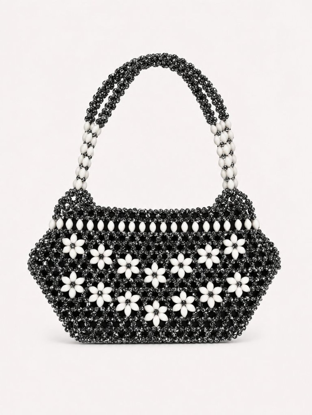 Y2K Beaded Floral Daisy Shoulder Bag Black White Statement Purse Coquette
